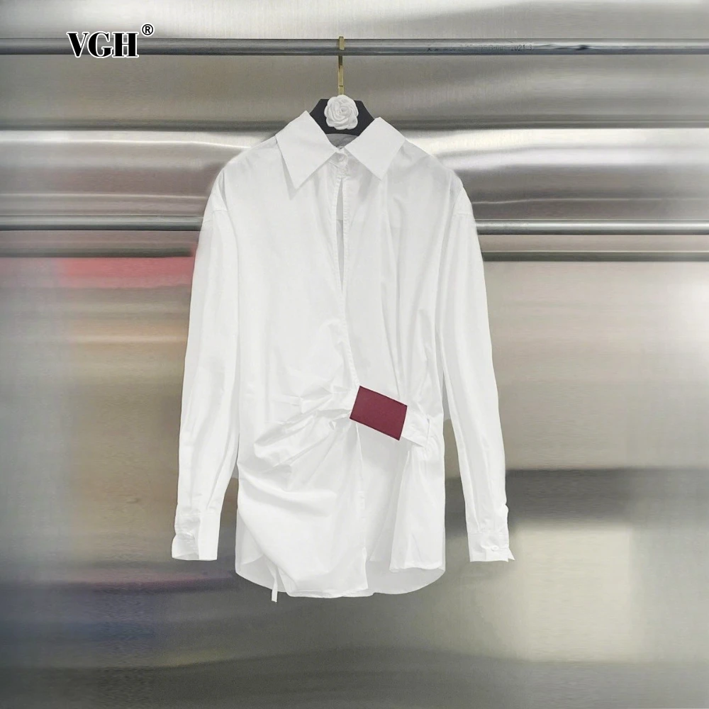 

VGH Autumn Minimalist Office Shirt for Women Lapel Long Sleeve Patchwork Single Breasted Temperament Shirts Female Fashion Style