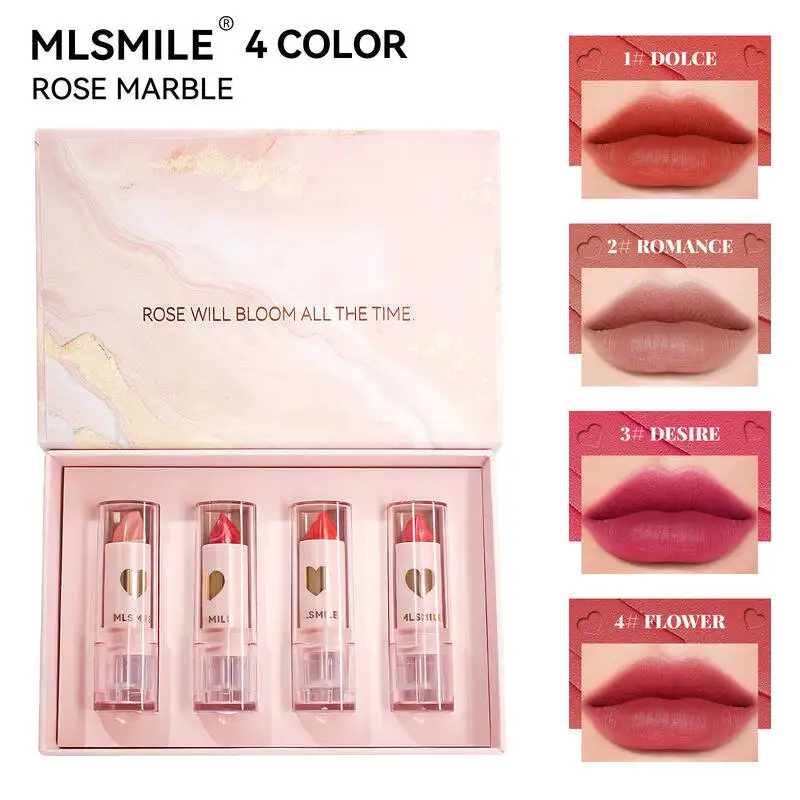 MLSMILE 4-teiliges Lippenstift-Geschenkset mit Marmormuster, samtig, matt, feuchtigkeitsspendend, einfach aufzutragender Lippenbalsam, 2025, neu
