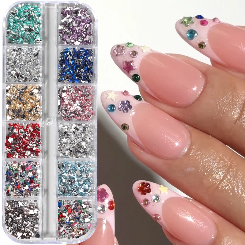 12 Gitter 3D Mini Bunte Nagelrhinesteine Elegante Rhombus-, Mond-, Stern-, Herz-, Blumen- und Mehrform-Flachsteine Nagelkunst-Dekoration – Detail 4