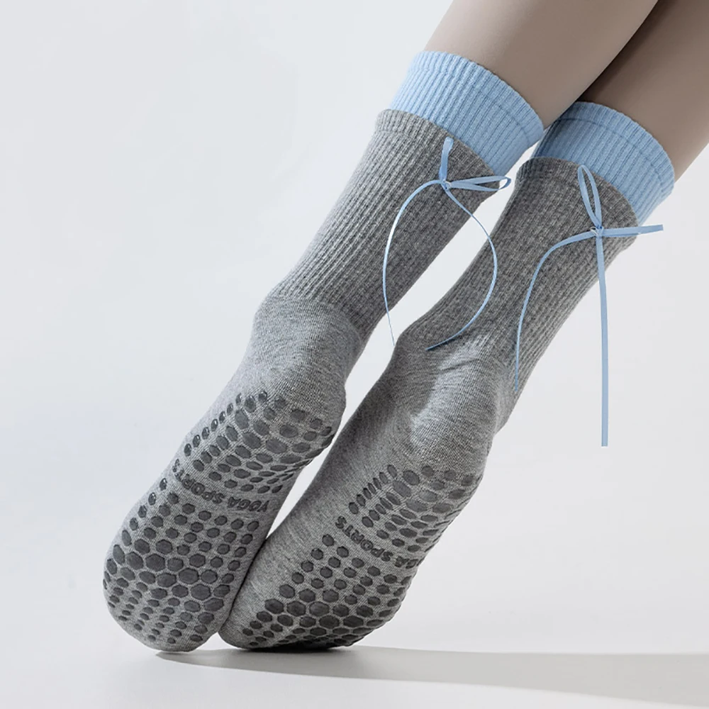 Trend Double Stack Yoga Socks Bowknot Ribbons Indoor Anti Slip Soft Breathable Fabric Women's Calf Socks Pilates Exercise Socks