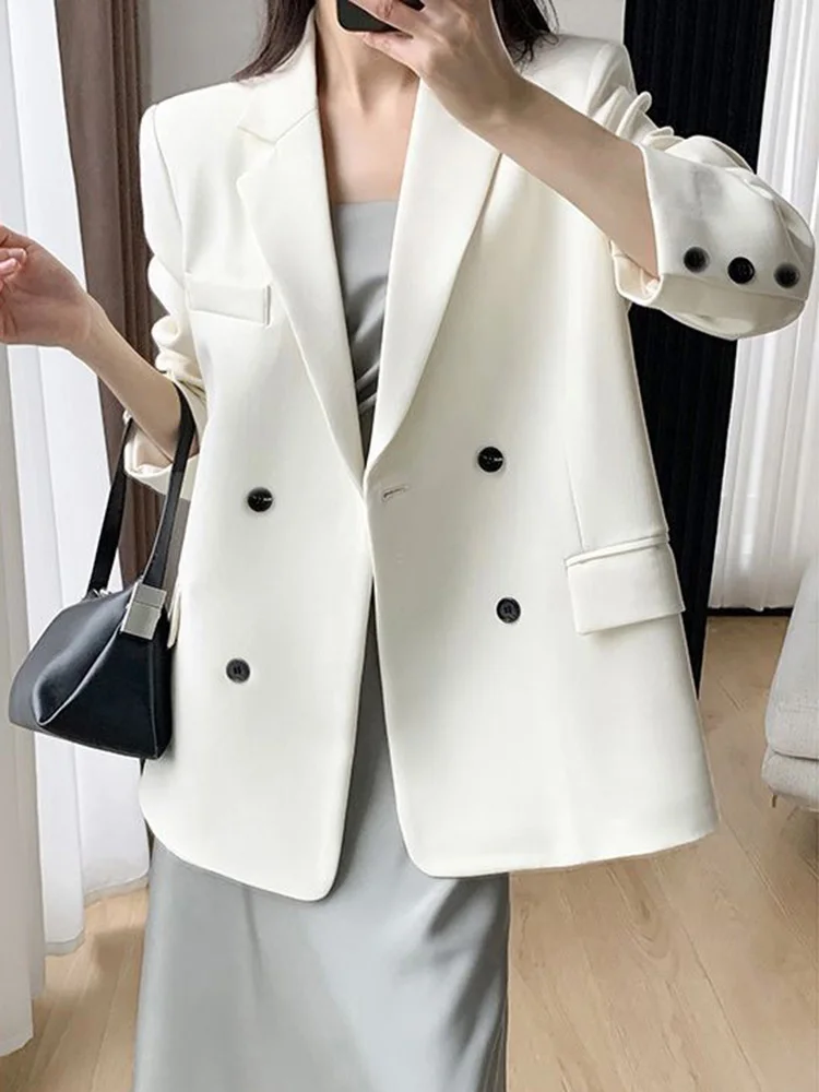 

Модный женский милый пиджак, повседневный корейский тонкий элегантный костюм с длинным рукавом, пальто, шикарный женский весенний однотонный топ с двойными пуговицами, куртка