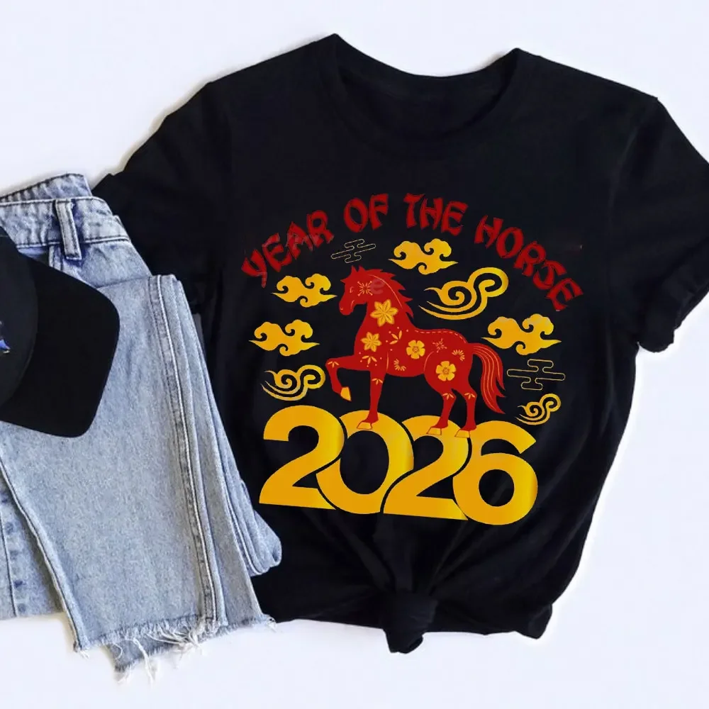 Damen-T-Shirt „Year of the Horse 2026“, kurzärmelig, Mondneujahr, chinesisches Sweatshirt, Baumwoll-T-Shirt für festliche Anlässe