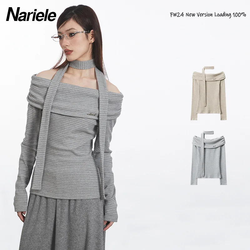 

Nariele striped contrast color line shoulder design long sleeve T-shirt female pure sex Spice with scarf