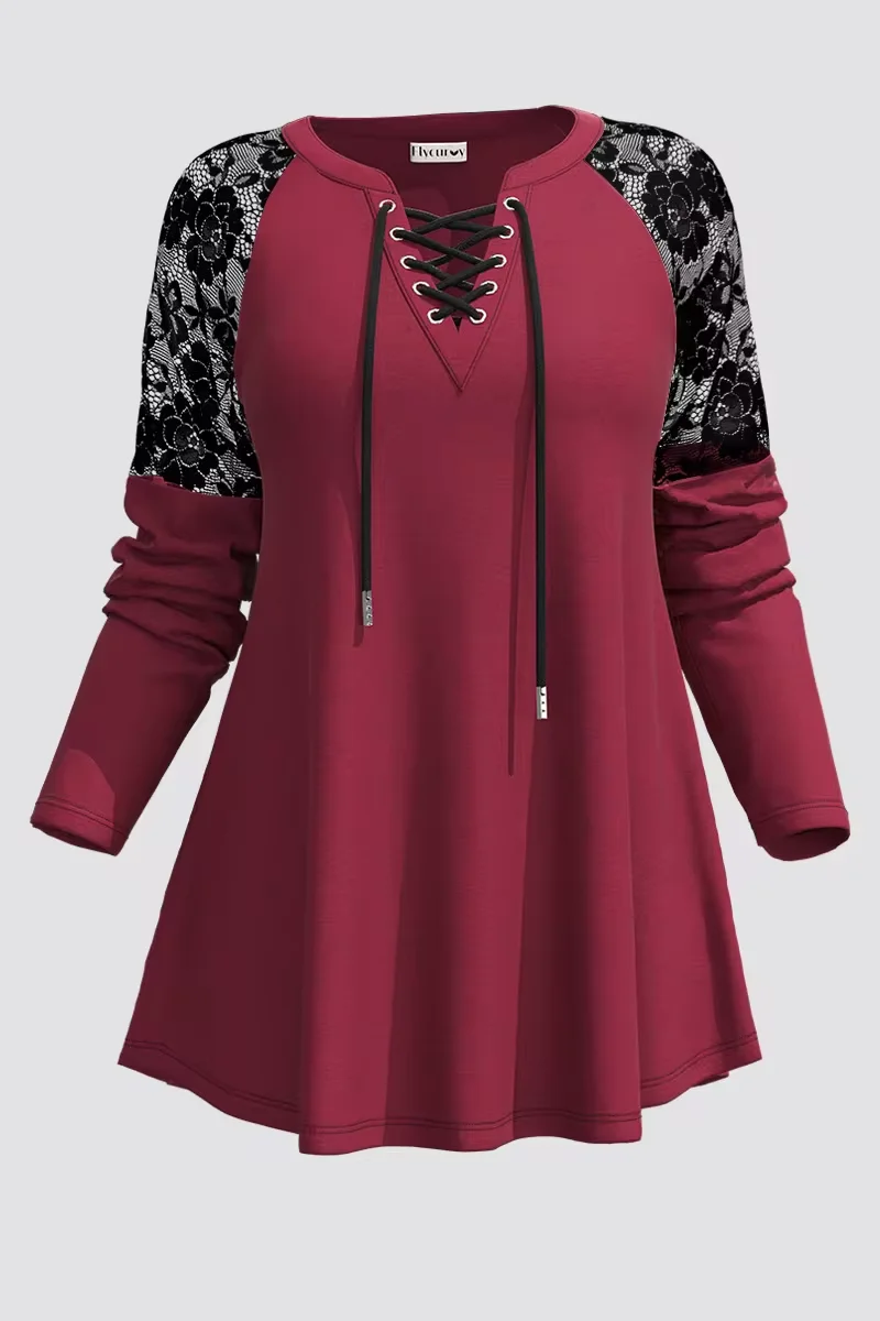 Damska koszulka z długim rękawem Plus Size Casual Burgundy Lace Stitching Lace-Up V Neck Autumn Spring Fashion Basic Soft Tee Top 2024