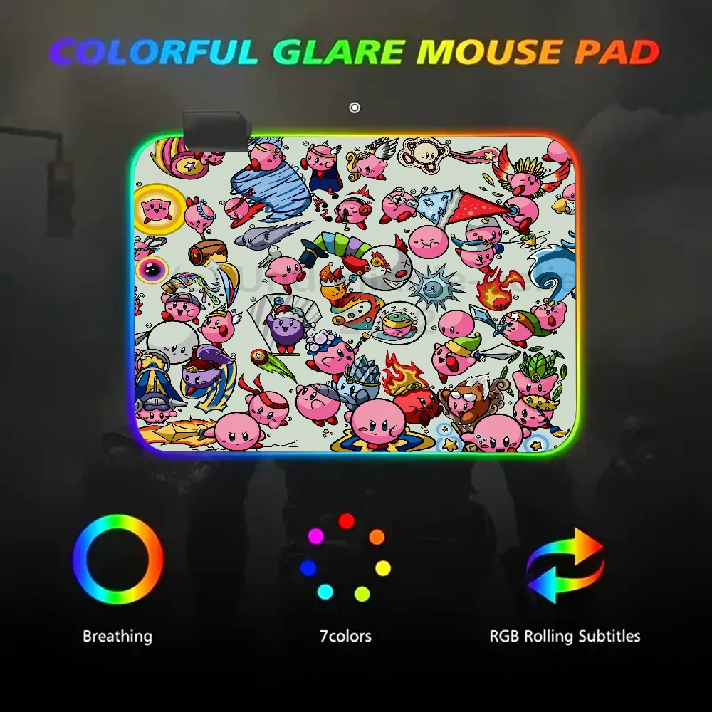 Cartoon Cute K-Kirbys Mousepad RGB Small Size Gaming Mouse Pad With LED Light Desk Mat Super Smooth Non-slip Rubber Bottom