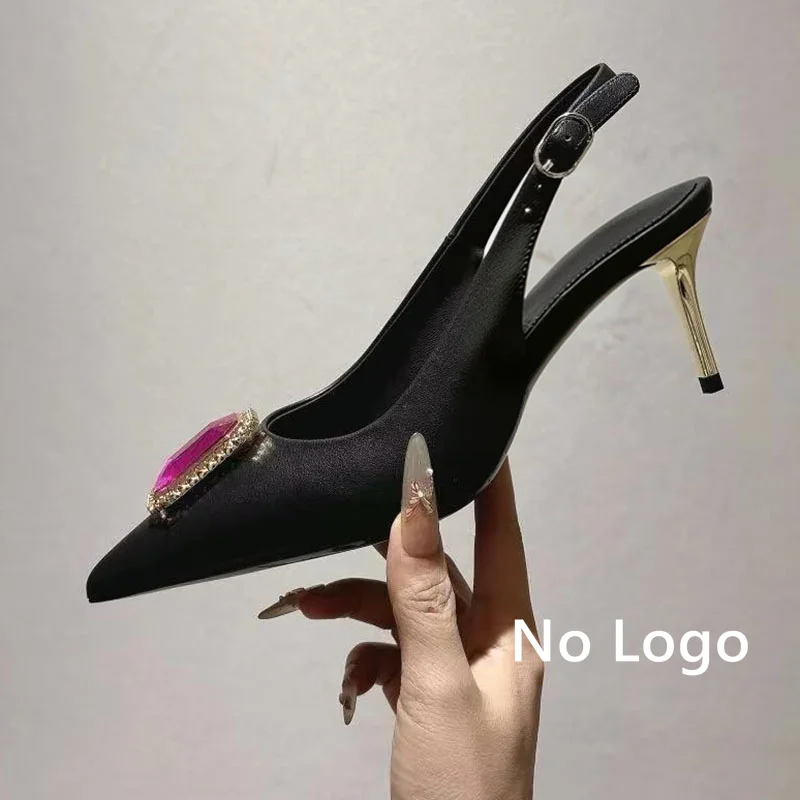 Summer fashion sparkling rhinestone decorated high-heeled sandals for women satin shallow mouth pointed  banquet dress shoes view 6