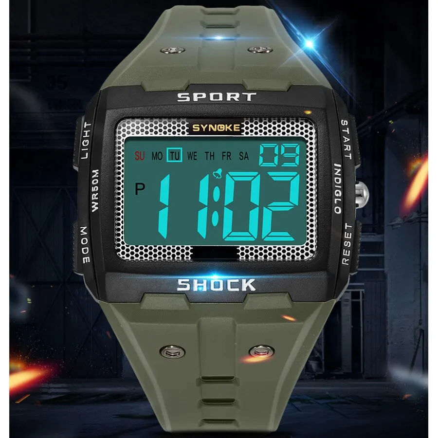 SYNOKE New For Men Sports Electronic Watch Waterproof Night Glow Large Screen Square Student Watch Outdoor Running Camping