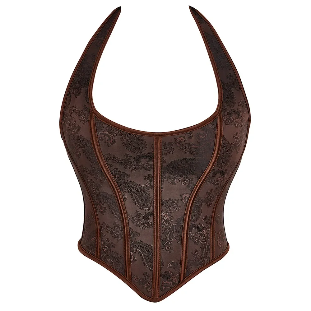 

Brown Corset Crop Top Halter Sexy Women's Overbust Bustier Lace up Floral Gothic Brocade Vintage Fashion Medieval