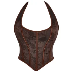 Brown Corset Crop Top Halter Sexy Women's Overbust Bustier Lace up Floral Gothic Brocade Vintage Fashion Medieval