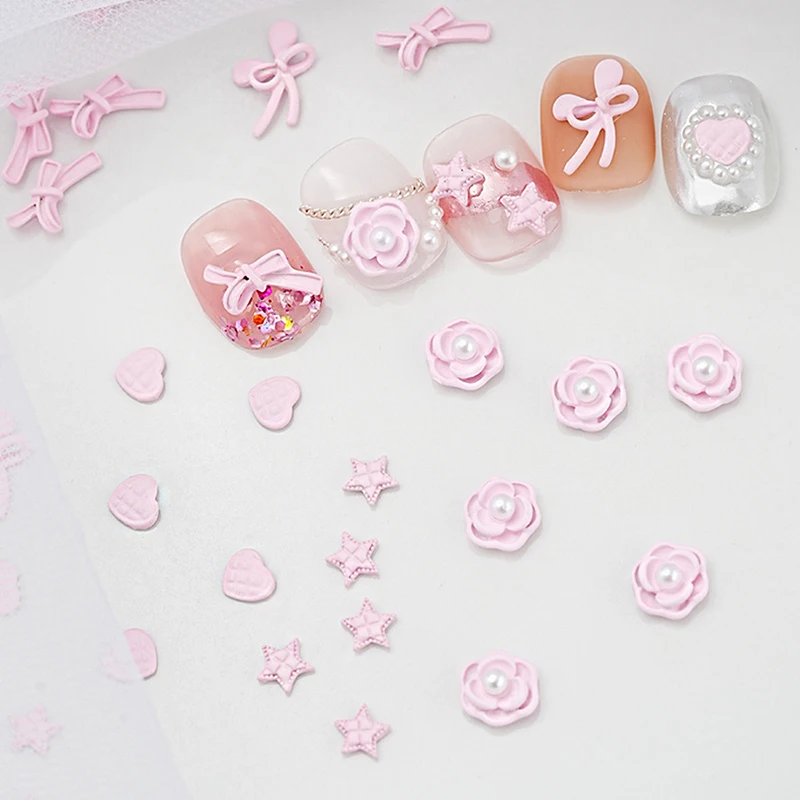 5PCS Rose Pink Cute Bow Nail Accessories Matte Texture Spray Painted Alloy Fake Nail Decoration DIY Nail Salon Materials