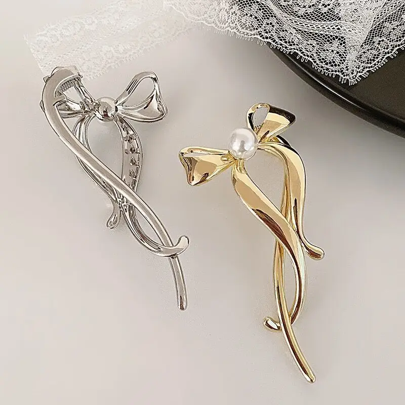 ファッショナブルでエレガントな合金製リボンヘアクリップ、馬の束ね髪クリップ、女性用ヘッドウェア、ポニーテールホルダー、ヘアアクセサリー