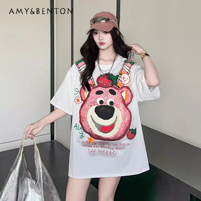 

Модная корейская стильная футболка с короткими рукавами и принтом американского ретро-медведя, свободный и стройнящий пуловер с круглым вырезом