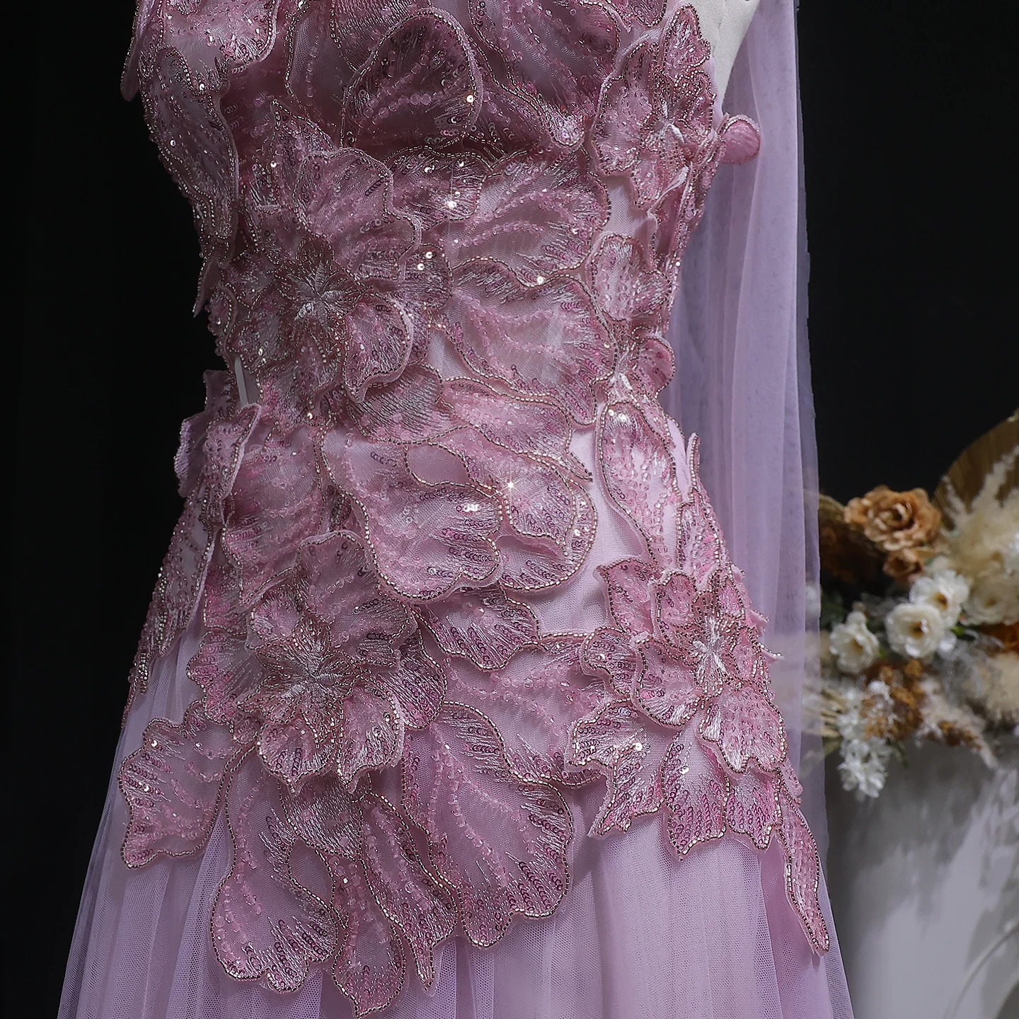 Sharon Said Atemberaubendes Abendkleid mit rosa Tüllblumen-Applikationen 2026 Luxuriöses Damen-Abendkleid für formelle Anlässe SS239 Maßanfertigung – Detail 11