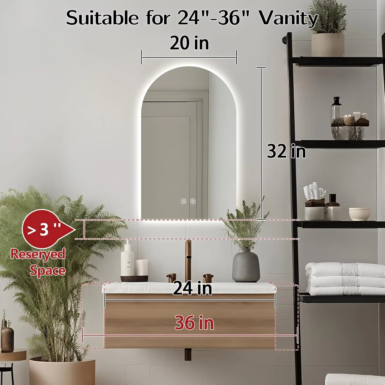 Bathroom Arched Frameless LED Mirror, HD Glass, 3-Color Lighting, Explosion-Proof Defogger IP65 Waterproof