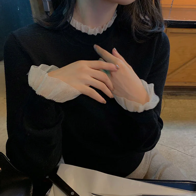 

Faionable Long Sve Knitwear Women's round Ne Loose Slimming Versatile Autumn Clothing Lace Trim Base Layer Top