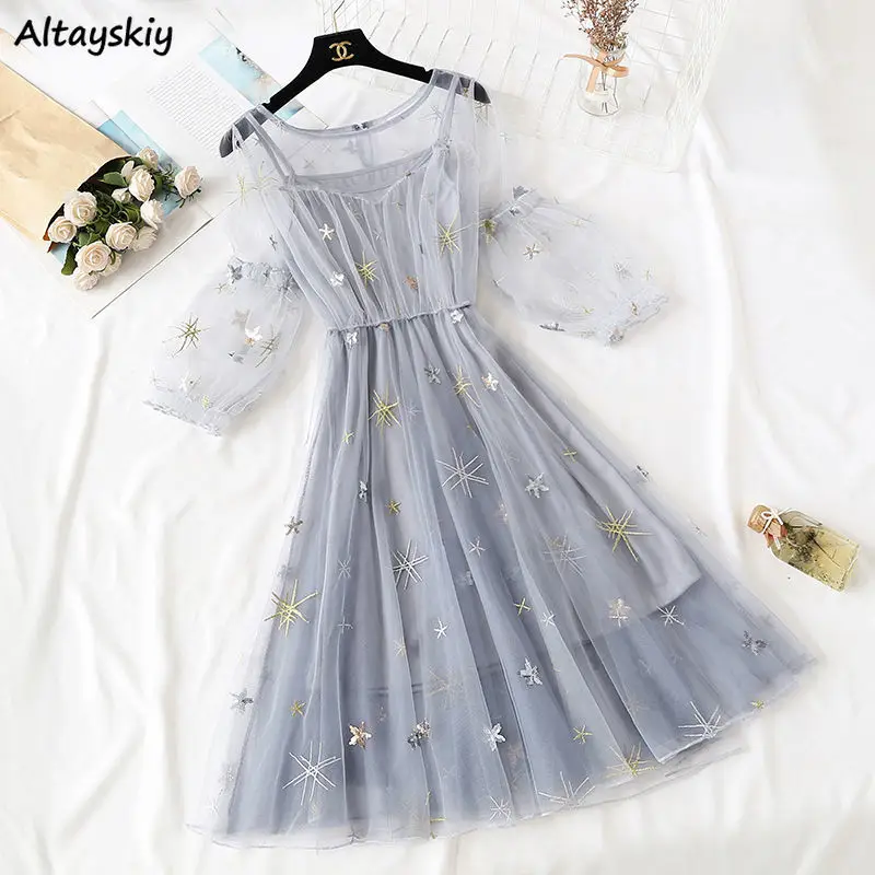 Dress Sets Women 2 Pieces Outfits Korean Style Schoolgirl Sheer Clothing Tender Summer Gauze Classy Female Newest Holiday Lovely