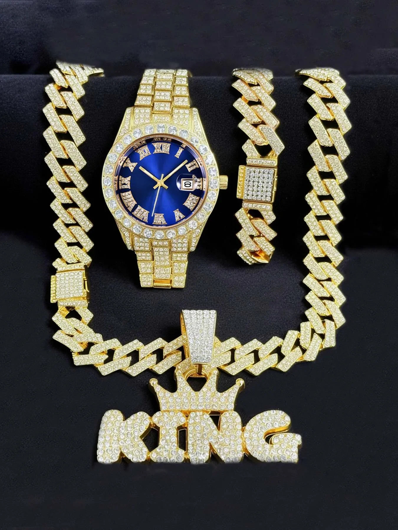 

Crown King Necklace with Diamonds Hip Hop Full Diamond Steel Belt Quartz Men's Watch Diamond Cuban Bracelet