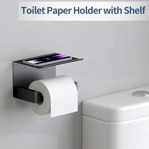 

Black Stainless Steel 4-Piece Wall-Mounted Bathroom Set: 24 Inch Towel Bar, Ring, Hook, And Toilet Paper Holder With Shelf
