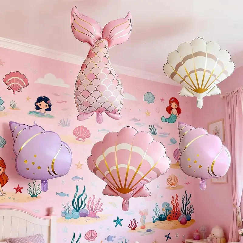 5PCS Mermaid Birthday Decor Set: Ocean-Themed Shell, Foil Tail Balloons & Party Supplies for Girls' Birthday & Sea-Themed Partie