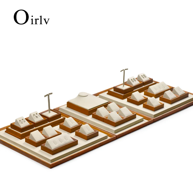 Oirlv Retro Off-white Wooden Jewelry Display Props Set Microfiber Ring Organizer Stands Necklace Display Tray for Shop Cabinet