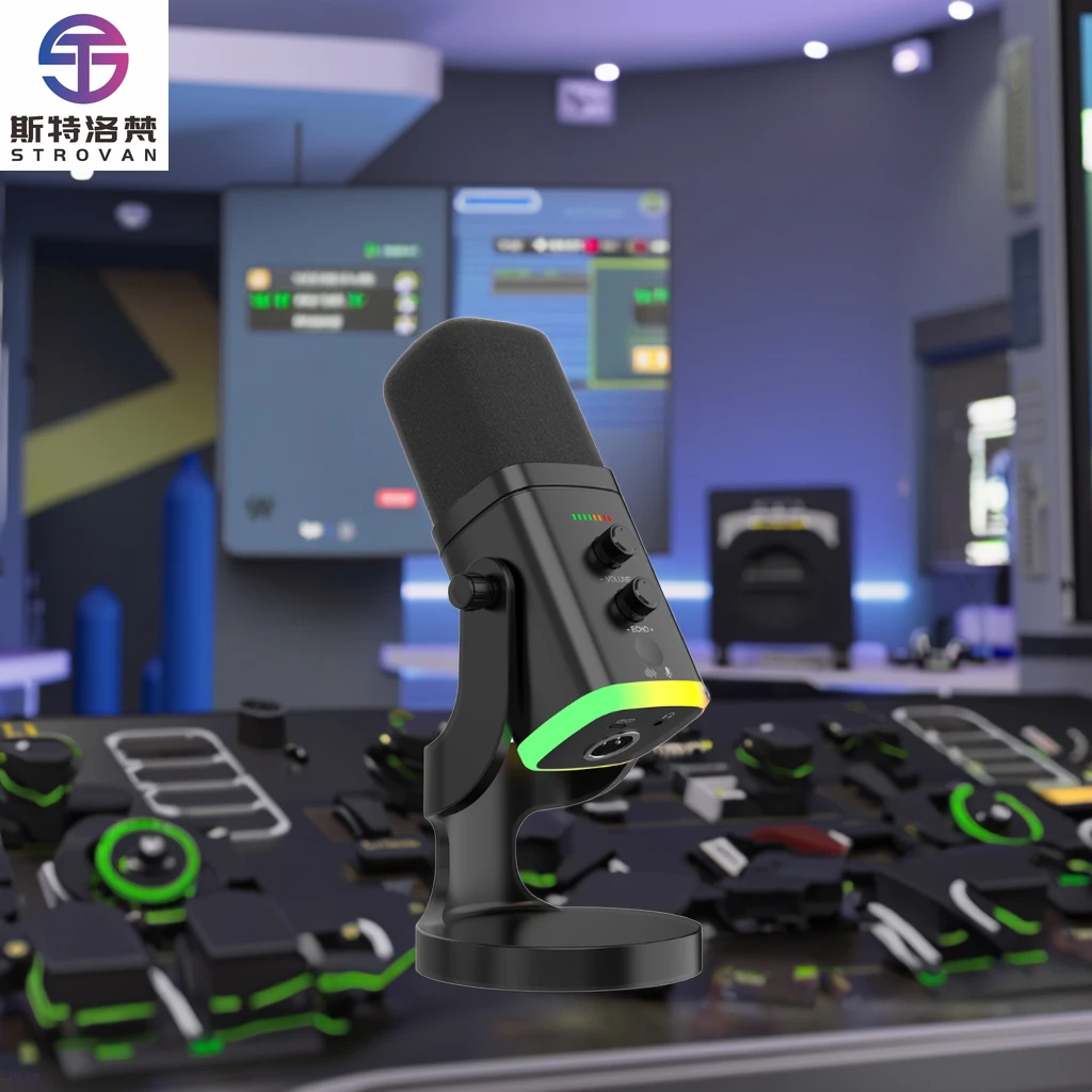 

Black Plug-and-Play Podcast Microphone for Gaming PCs RGB Wired Style with Stand Filter Cap & USB Cable for Conferences