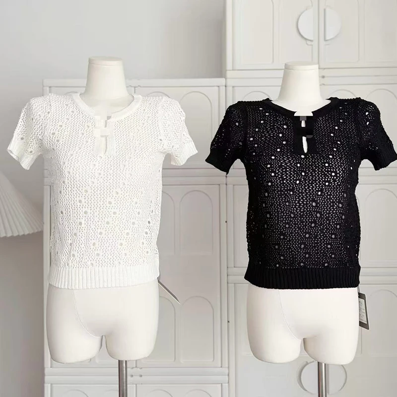 

Embroidered Hollow Out Knitted Tops Slim-fit Sweater Korean Fashion Knitwear Short Sleeve Black Shirts