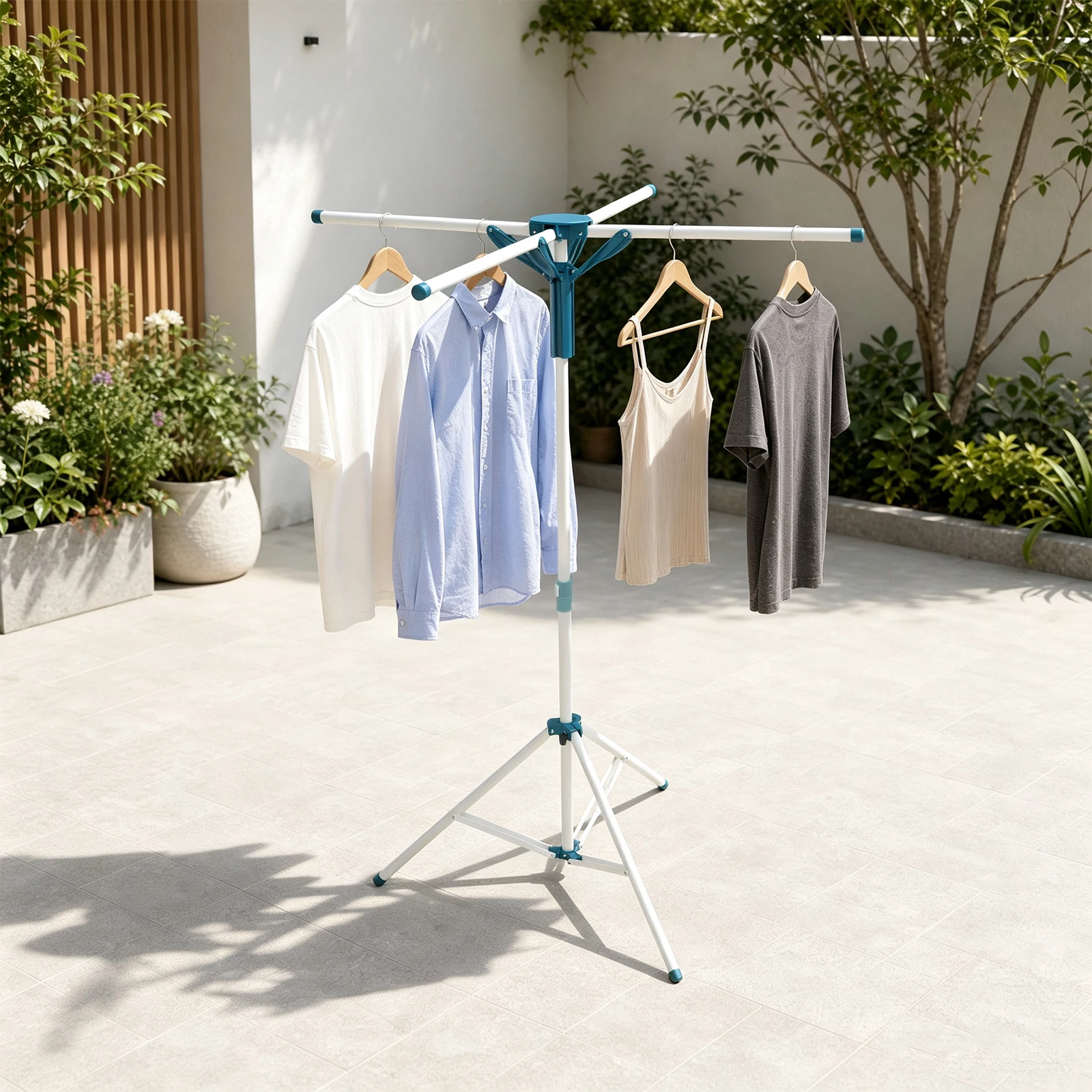Tripod Clothes Drying Rack, Foldable Laundry Drying Rack with 4 Rods & 2 Clips, Adjustable Height 3.6-5.9ft for Balcony Patio