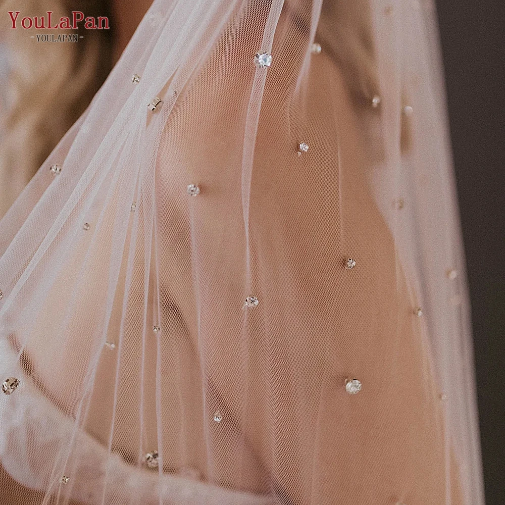 

Youlapan Cathedral Wedding Veil Sparkly 1 Tier Bridal Veils Bride Rhinestones Hand Embellished Rhinestones Clear Crystals V188