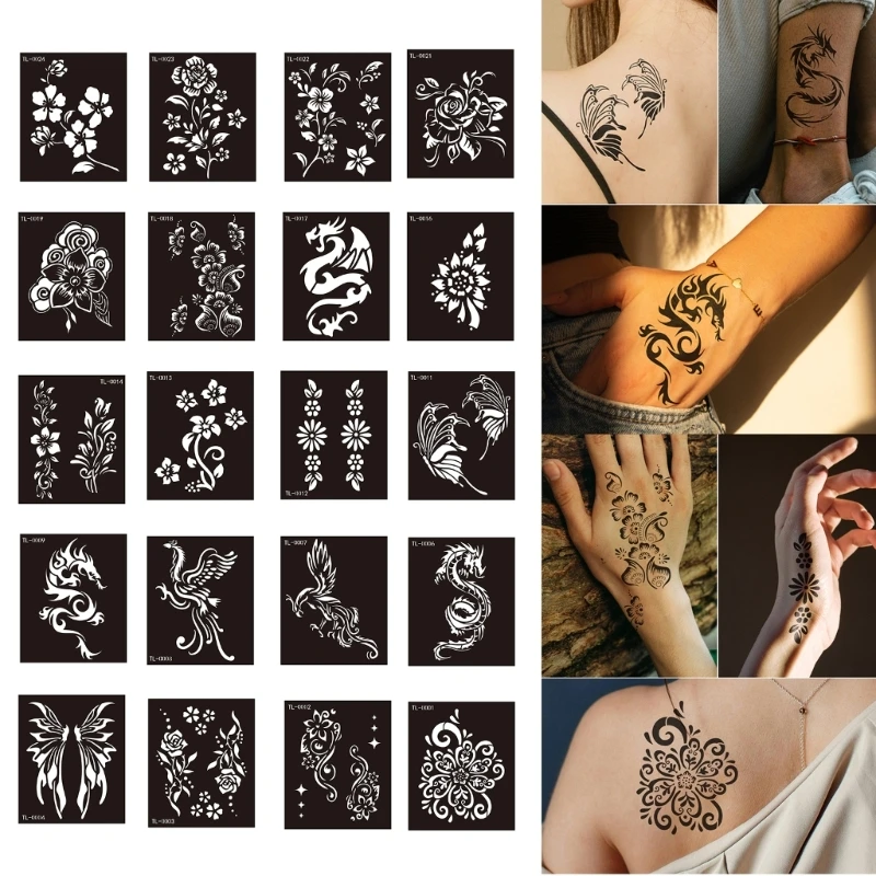 Stencil per tatuaggi all\'henné Modelli tatuaggi autoadesivi riutilizzabili Adesivi per tatuaggi