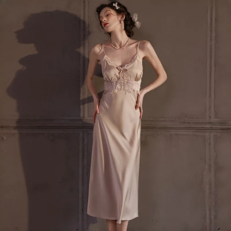 Summer Ice Silk Satin Pure desire for a sense of luxury Nightgown for Women Sexy Lace Bow Backless Long Dress Sleepwear Pajamas