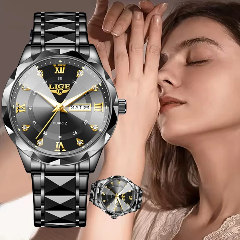 LIGE New Black Creative Steel Women's Bracelet Watch Fashion Waterproof Luminous Quartz Diamond Watches For Women Reloj Mujer