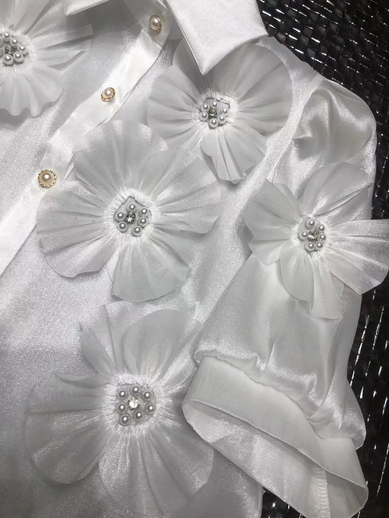 Real Photo Beaded Flowers Stitch Camisas 2024 Summer Short Sleeve Diamonds Buttons Up Shirts Blouses For Women Tops Blusas