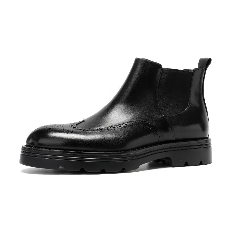 Men's Brogue Boots High Top Business Casual Genuine Full Grain Leather Thick Sole British Style Ankle Boots