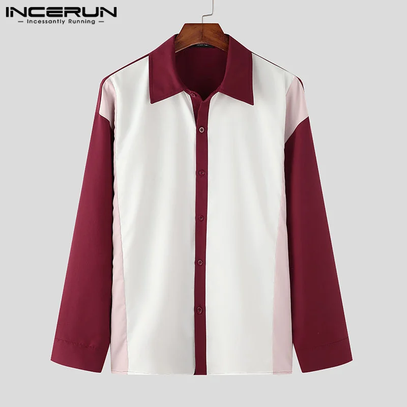 2024 INCERUN Men Causal Long Sleeve Tops Handsome Loose Turn Down Collar Shirts Harajuku Loose Colorblock Commuting Blouse S-5XL