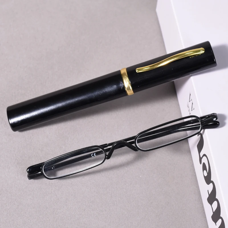 Black Metal Frame Hinge Presbyopic Glasses Readers Eyeglasses With Portable Pen Clip Case Mini Reading Eyewear +1.0+1.5+2.0