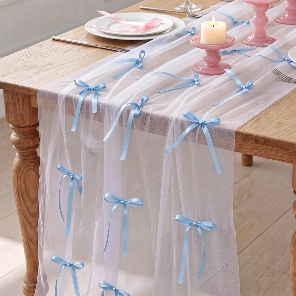 4PCS Tulle Bow Table Runner 75CMX300CM Gauze Pearl Ribbon Bowknot Dining Table Decoration For Wedding Bride Shower Holiday Party