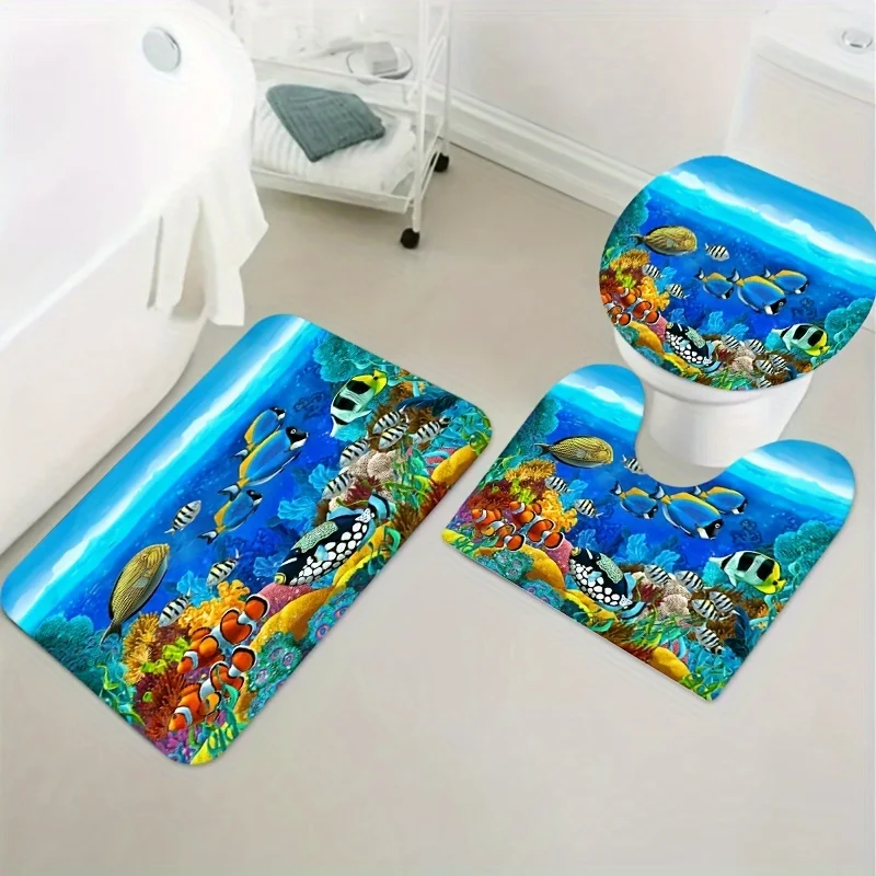 1/3/4pcs Vibrant Ocean Fish Print Shower Curtain Set - Waterproof Bathroom Essentials with Non-Slip Rug, Toilet Lid Mat, and Bat