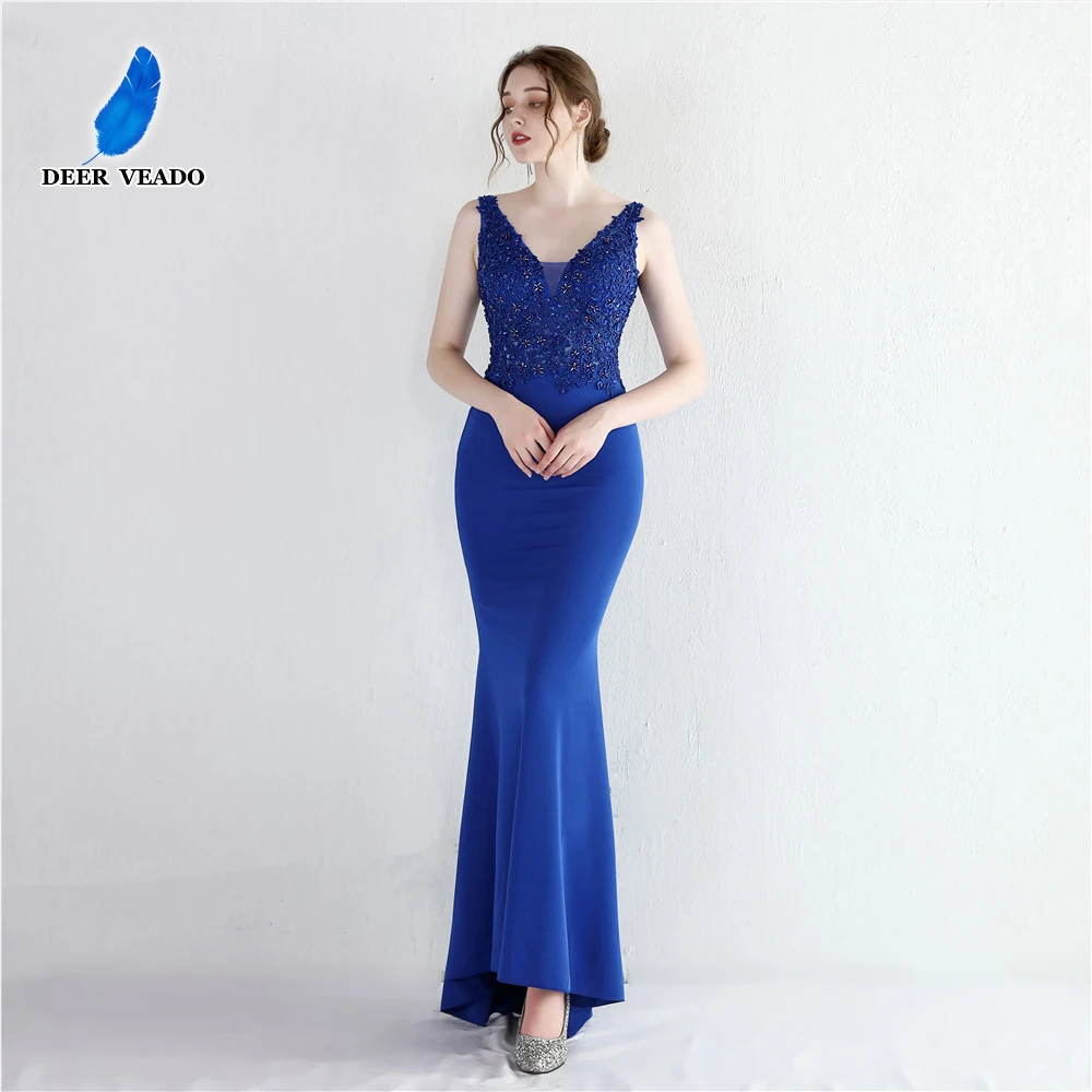 

DEERVEADO Elegant Appliques Beads Mermaid Long Evening Dress with Train Satin Formal Party Dresses Women V Neck Evening Gown