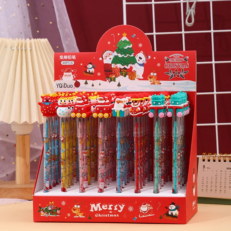 40Pcs/Lot Kawaii Cartoon Christmas Pencil Free Sharpening Cute Santa Elk Snow School Student Building Block Pencils Section Pens