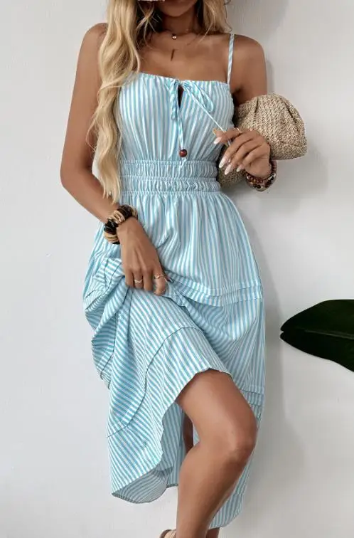 

Women Dresses 2026 Spring Summer New Fashion Striped Square Neck Sleeveless Cinched Waist Casual Vacation Long Dress