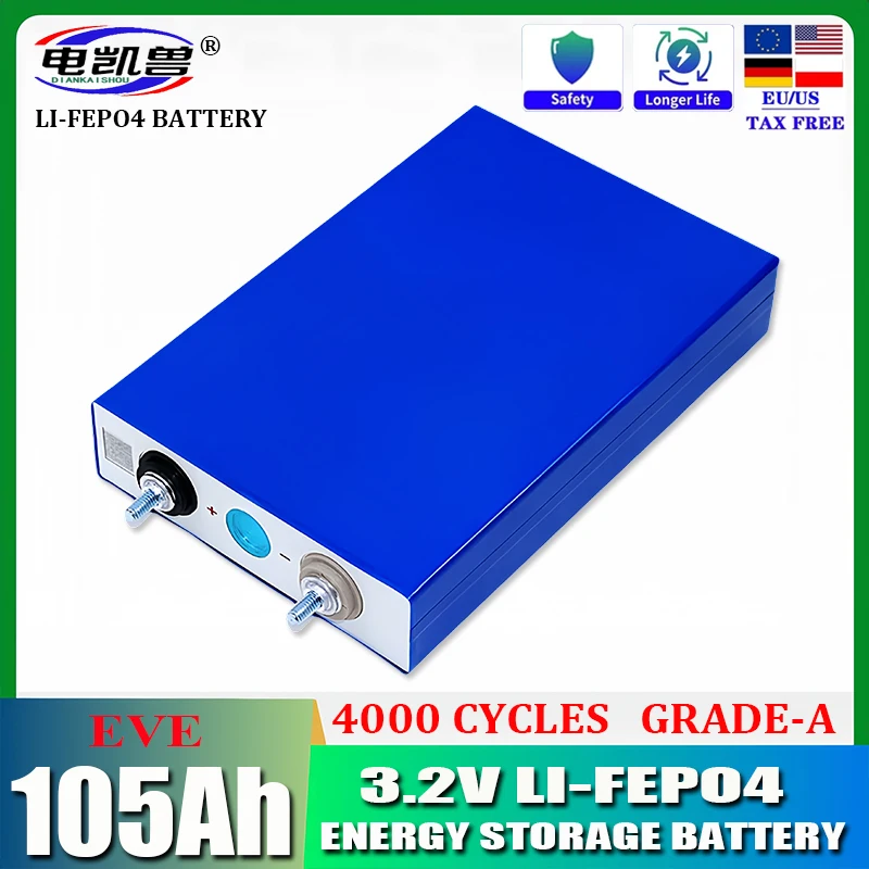 

3.2V 105Ah Lifepo4 Rechargeable Battery 3C 300A High Power For 12V 24V E- vehicle EV RV Solar Storage Golf Cart Inverter DIY