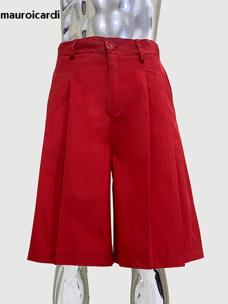 Mauroicardi Spring Summer Lightweight Red Baggy Pleated Shorts for Men Mens Short Wide Leg Pants Luxury Designer Clothes 2025