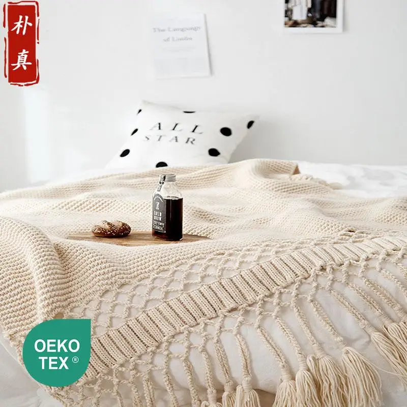 Thick Knitted American Style Blanket European Style Photo Prop Sleeping Blanket Hollow Tassel Sofa Covering Blanket Casual Be...