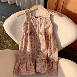 2025 New Summer Sister Dress 2-7Yrs Baby Girl Party Dress Sleeveless Cotton Flower Print Kids Princess Dresses Baby Clothing
