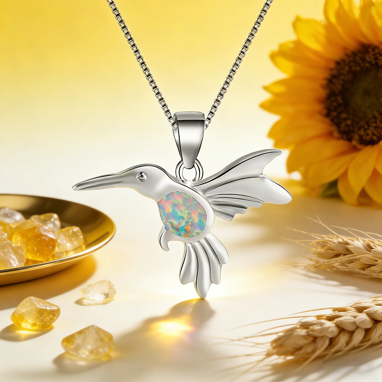 Exquisite Silver Hummingbird Opal Necklace with Cubic Zirconia Eye,Unique Handcrafted Gift for Her,Birthday Anniversary Present