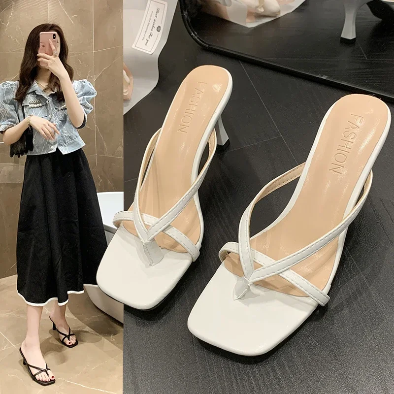 Thin Pumps Peach Shoes 2024 Slippers Runway Toe Loop Sandals Celebrity Slides Women Candy High Heels Club Ring Flip Flop