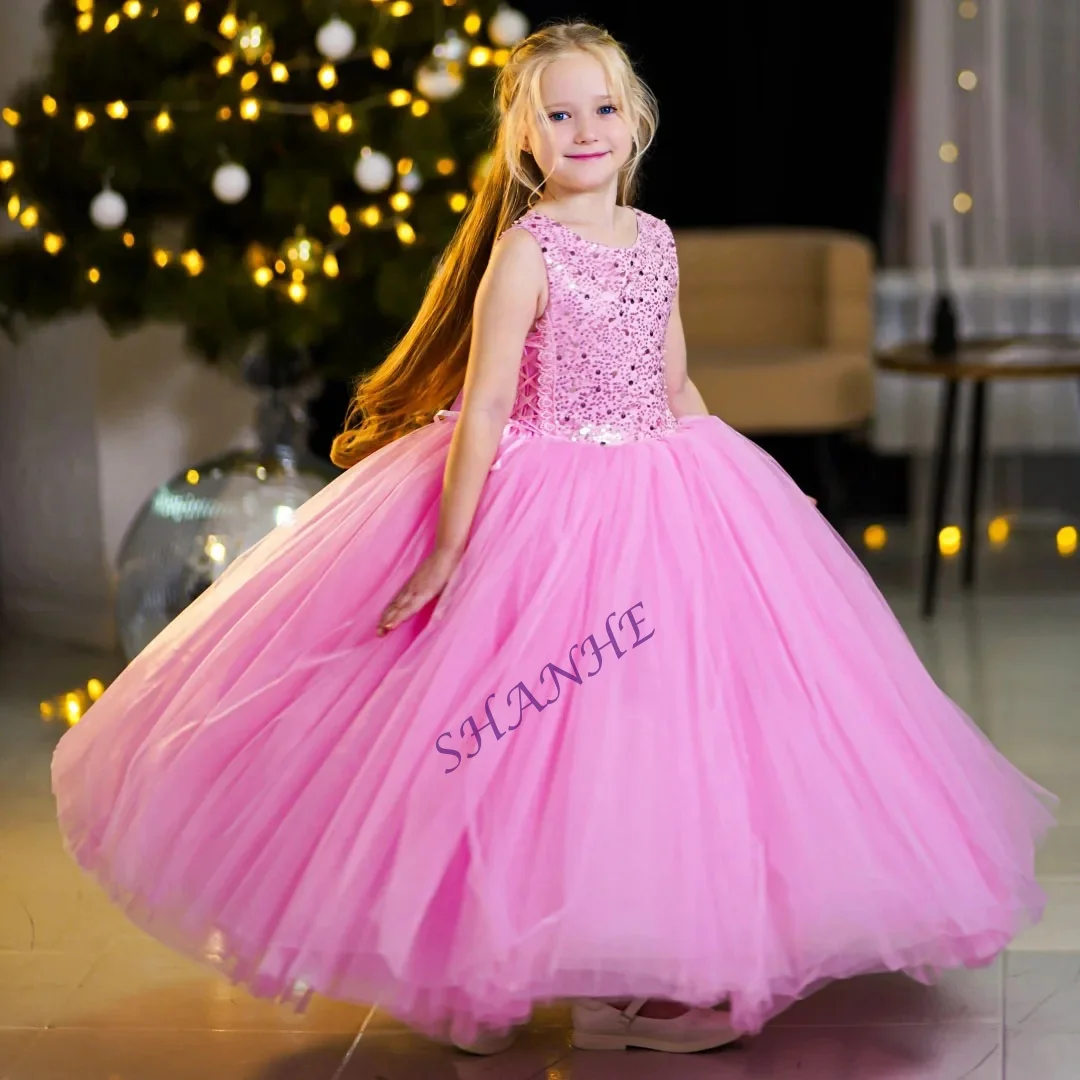 

Индивидуальное платье для девочки-цветочницы: розовое, с пайетками, из фатина, с бантом, без рукавов, для свадьбы, дня рождения, выпускного, банкета, вечернего мероприятия