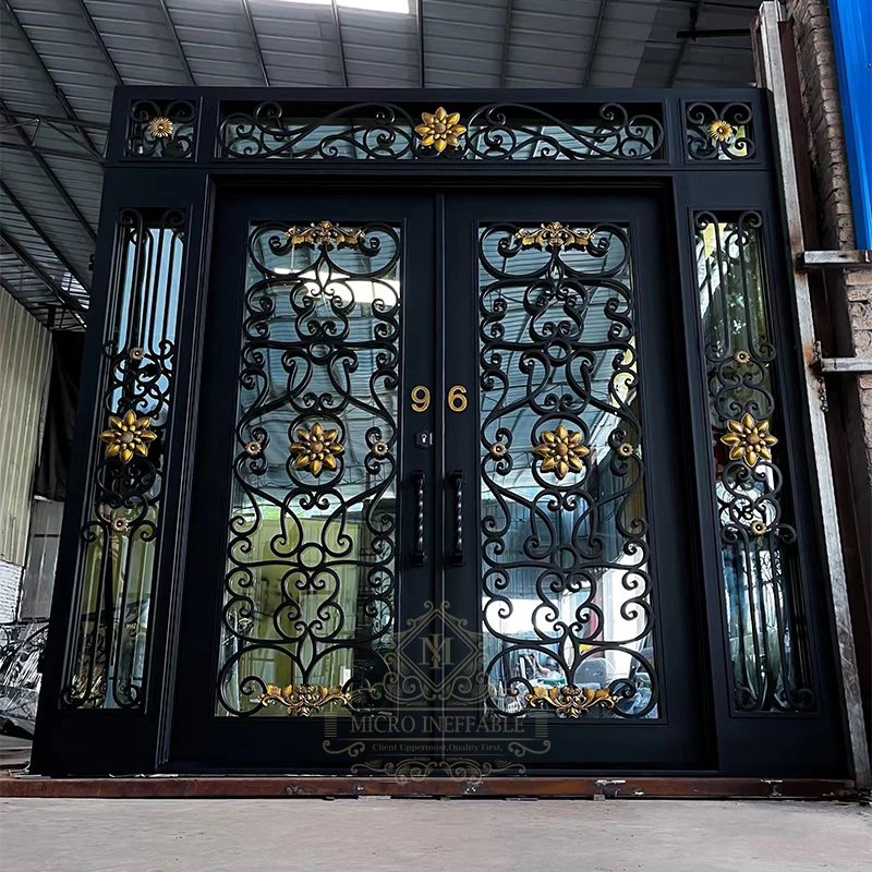 Pintu masuk baja keamanan depan eksterior desain mewah panel ganda mengayun pintu masuk besi tempa untuk rumah