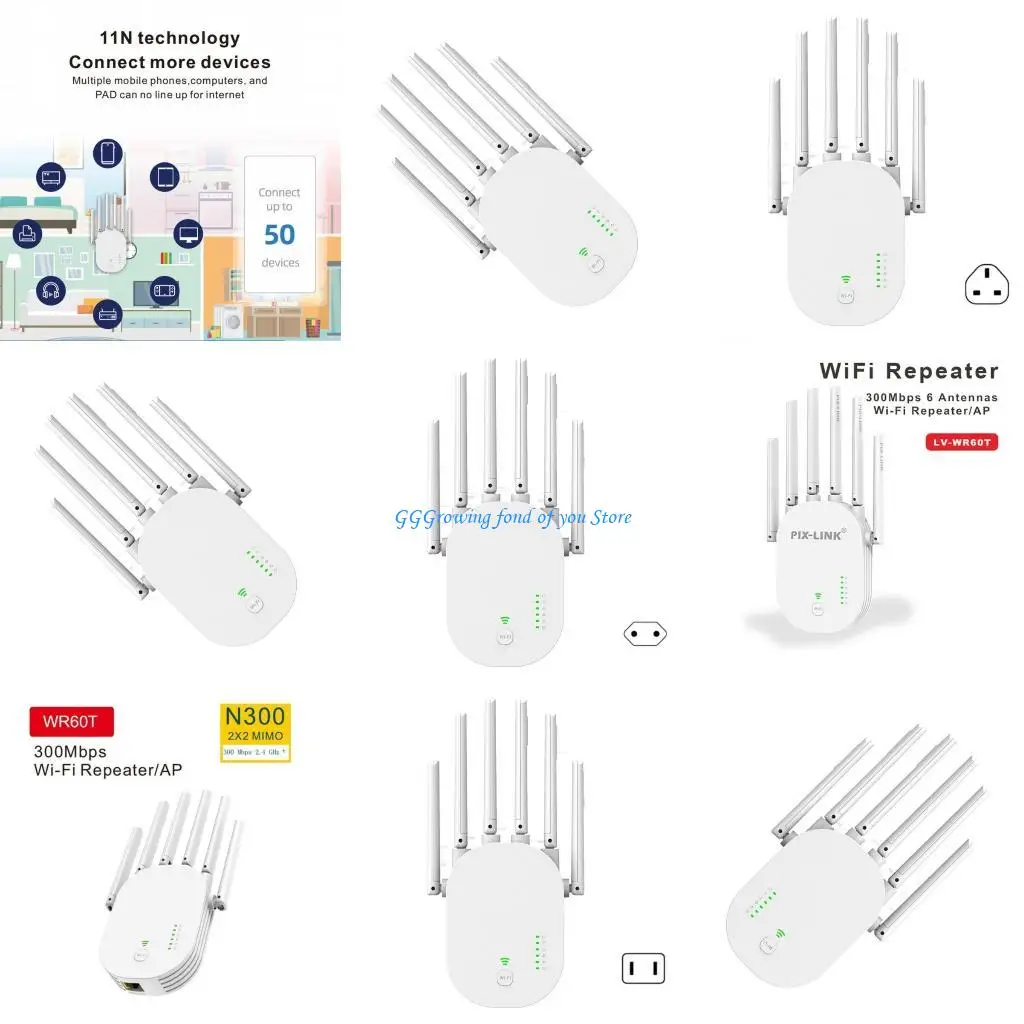 

H9EB Усилитель Wi-Fi 300 Мбит/с 2,4 ГГц с 6 внешними антеннами для усилителя мощного сигнала Wi-Fi