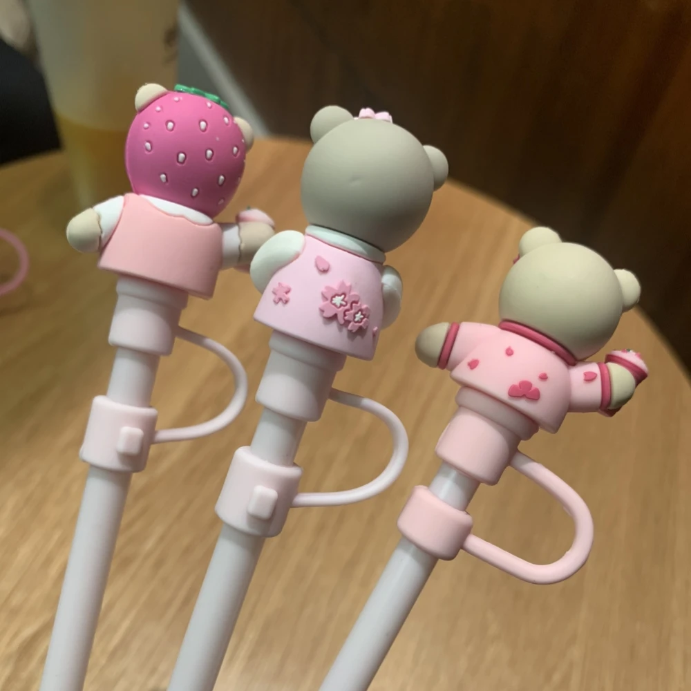 Cute Bear Straw Cover Pink Dust Cap Silicone Straw Toppers  Tumbler Cup Accessories For 7-8mm Straw